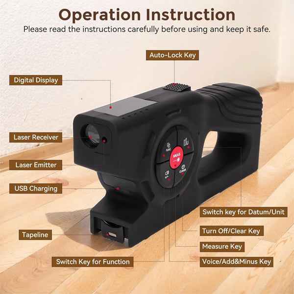 ft. digital tape measure with laser, 3-in-1 charging, display